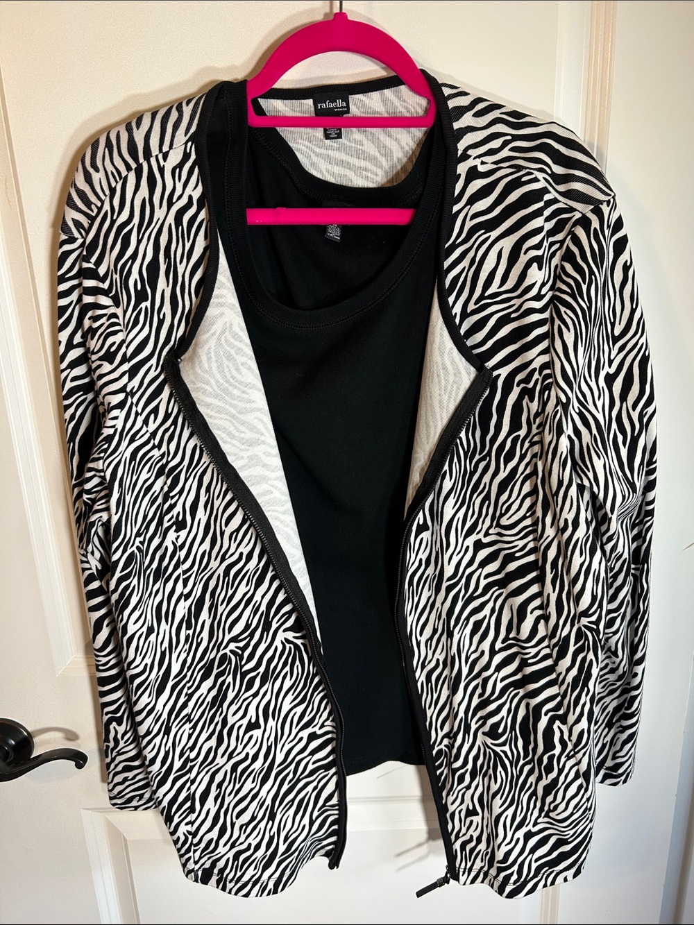 Rafaella Black & White Zebra-Print Open Cardigan matching black tank